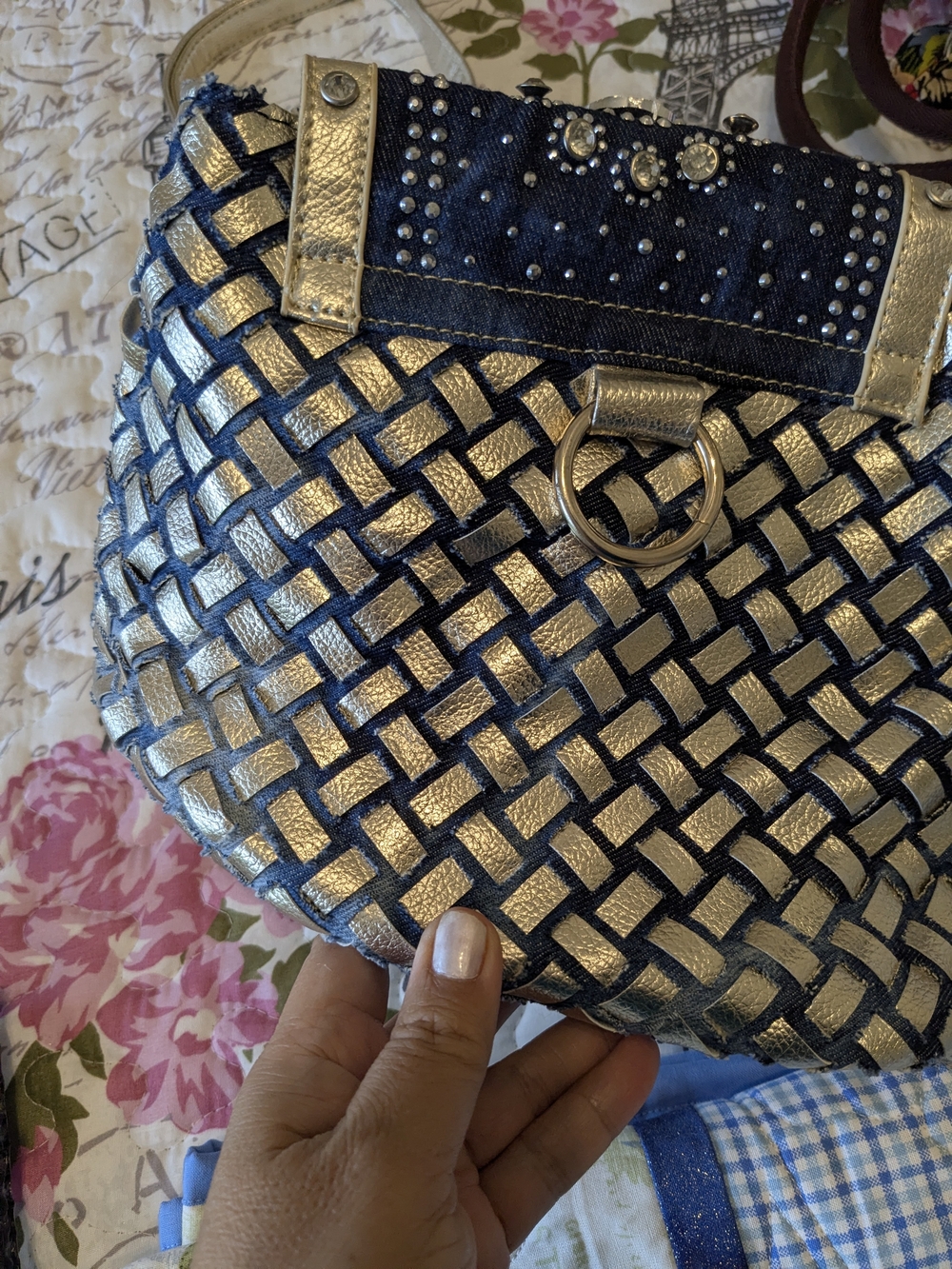 New Never Worn Blue and Gold Rhinestone Shoulder Bag with Tassel - Picture 6 of 7